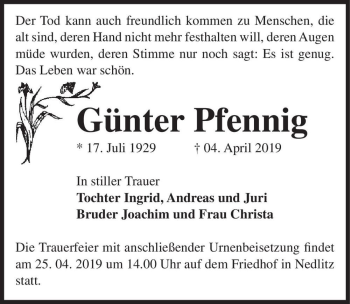 Traueranzeige von Günter Pfennig  von Magdeburger Volksstimme