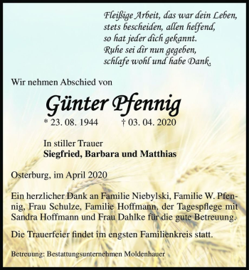 Traueranzeige von Günter Pfennig  von Magdeburger Volksstimme