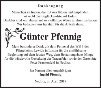 Traueranzeige von Günter Pfennig  von Magdeburger Volksstimme