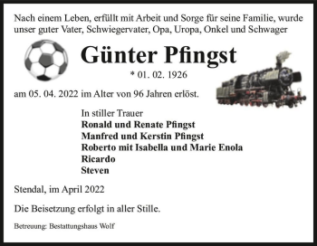 Traueranzeige von Günter Pfingst  von Magdeburger Volksstimme