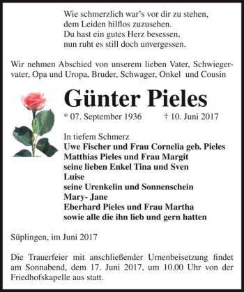 Traueranzeige von Günter Pieles  von Magdeburger Volksstimme