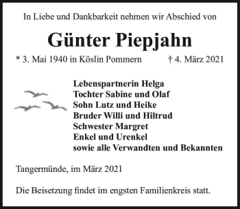 Traueranzeige von Günter Piepjahn  von Magdeburger Volksstimme