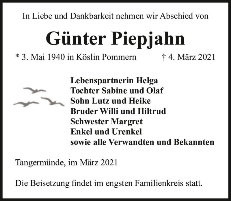  Traueranzeige für Günter Piepjahn  vom 06.03.2021 aus Magdeburger Volksstimme