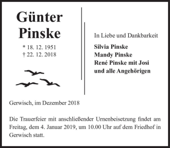 Traueranzeige von Günter Pinske  von Magdeburger Volksstimme