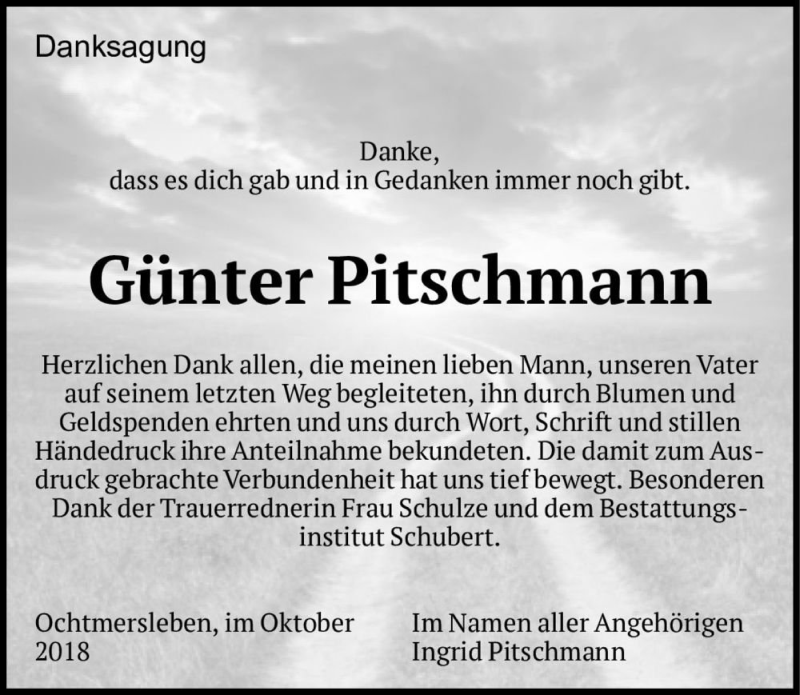  Traueranzeige für Günter Pitschmann  vom 03.11.2018 aus Magdeburger Volksstimme