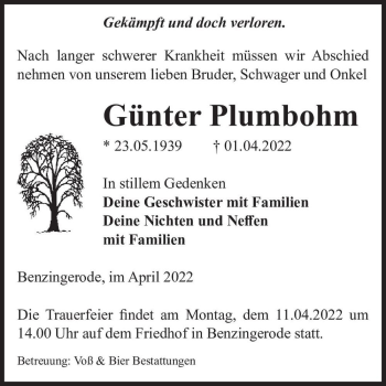 Traueranzeige von Günter Plumbohm  von Magdeburger Volksstimme