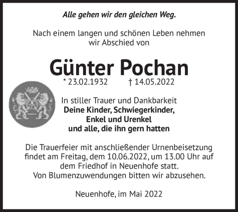  Traueranzeige für Günter Pochan  vom 21.05.2022 aus Magdeburger Volksstimme