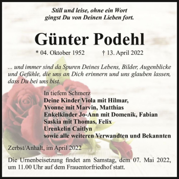 Traueranzeige von Günter Podehl  von Magdeburger Volksstimme