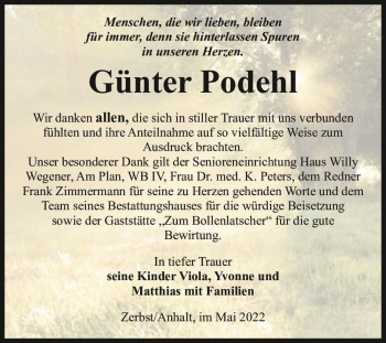 Traueranzeige von Günter Podehl  von Magdeburger Volksstimme