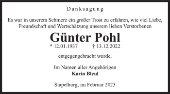 Traueranzeige von Günter Pohl  von Magdeburger Volksstimme