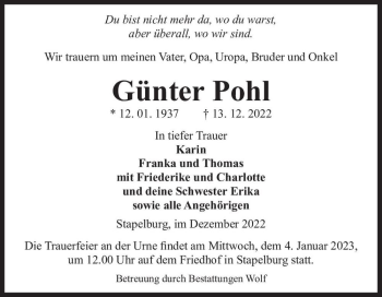 Traueranzeige von Günter Pohl  von Magdeburger Volksstimme
