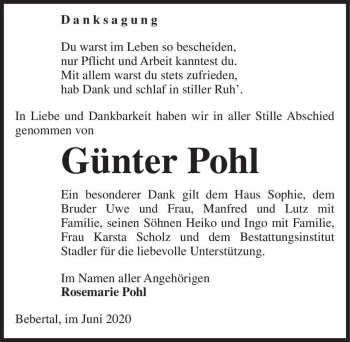Traueranzeige von Günter Pohl  von Magdeburger Volksstimme