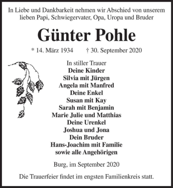 Traueranzeige von Günter Pohle  von Magdeburger Volksstimme