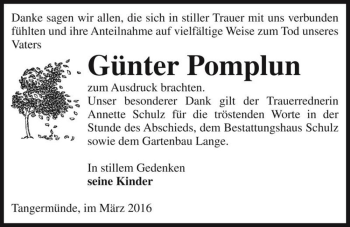 Traueranzeige von Günter Pomplun  von Magdeburger Volksstimme