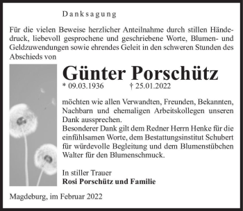Traueranzeige von Günter Porschütz  von Magdeburger Volksstimme