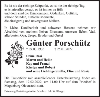 Traueranzeige von Günter Porschütz  von Magdeburger Volksstimme