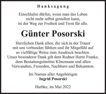 Traueranzeige von Günter Posorski  von Magdeburger Volksstimme