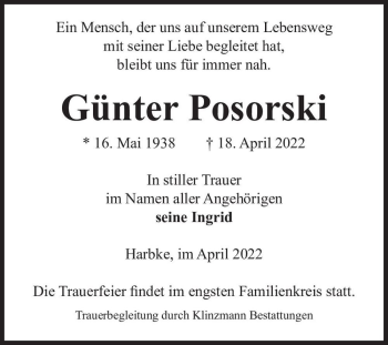 Traueranzeige von Günter Posorski  von Magdeburger Volksstimme