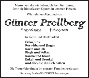 Traueranzeige von Günter Prellberg  von Magdeburger Volksstimme