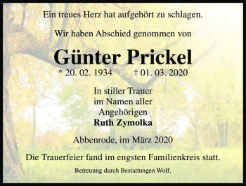 Traueranzeige von Günter Prickel  von Magdeburger Volksstimme