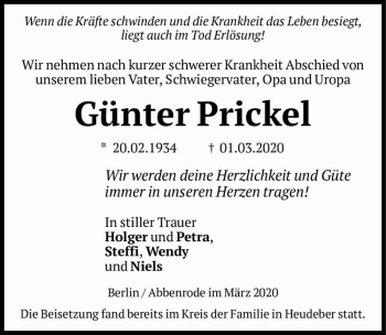 Traueranzeige von Günter Prickel  von Magdeburger Volksstimme