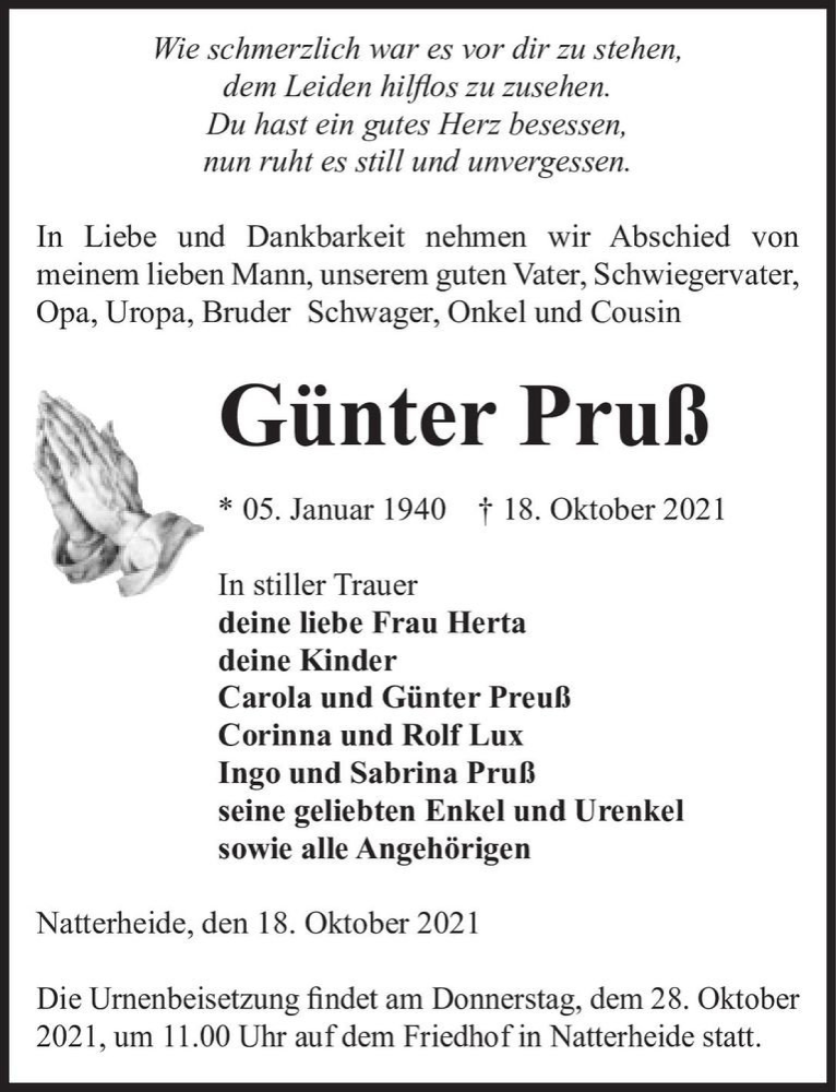  Traueranzeige für Günter Pruß  vom 21.10.2021 aus Magdeburger Volksstimme