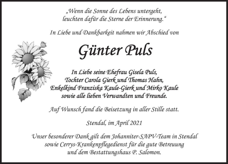  Traueranzeige für Günter Puls  vom 15.05.2021 aus Magdeburger Volksstimme