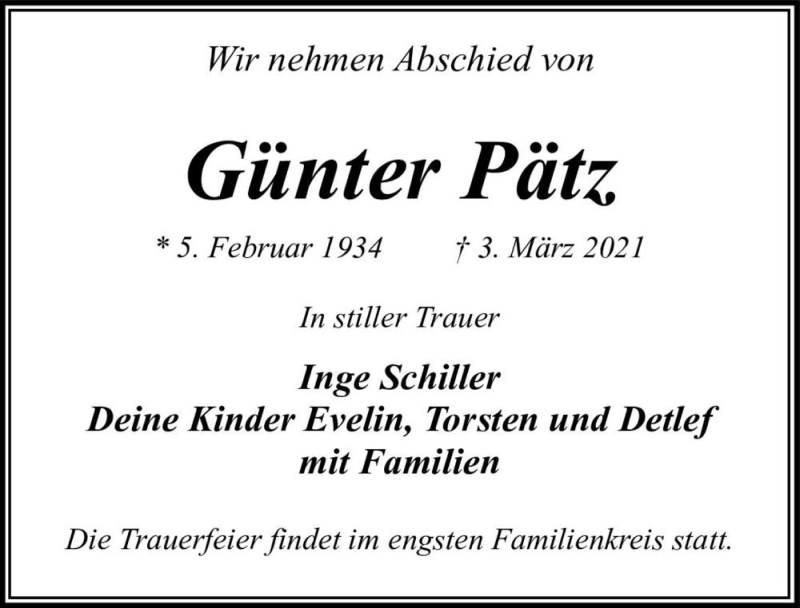  Traueranzeige für Günter Pätz  vom 06.03.2021 aus Magdeburger Volksstimme