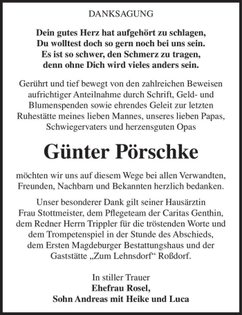 Traueranzeige von Günter Pörschke  von Magdeburger Volksstimme