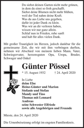Traueranzeige von Günter Pössel  von Magdeburger Volksstimme