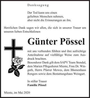 Traueranzeige von Günter Pössel  von Magdeburger Volksstimme