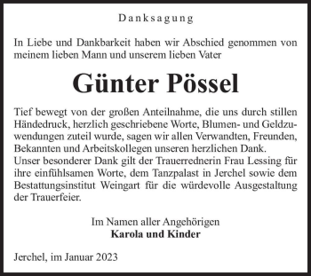 Traueranzeige von Günter Pössel  von Magdeburger Volksstimme