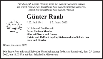 Traueranzeige von Günter Raab  von Magdeburger Volksstimme