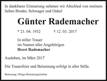 Traueranzeige von Günter Rademacher  von Magdeburger Volksstimme