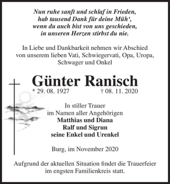 Traueranzeige von Günter Ranisch  von Magdeburger Volksstimme