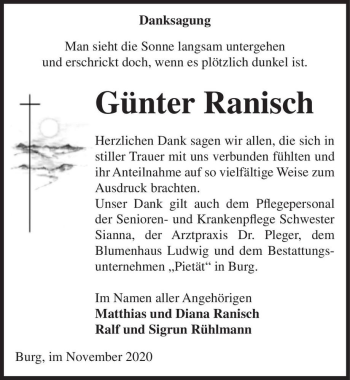 Traueranzeige von Günter Ranisch  von Magdeburger Volksstimme