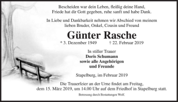 Traueranzeige von Günter Rasche  von Magdeburger Volksstimme