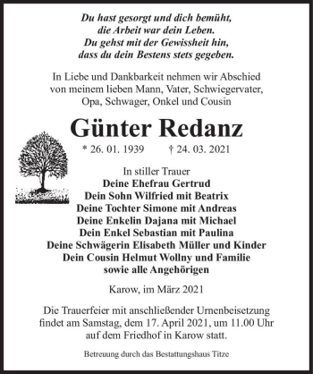 Traueranzeige von Günter Redanz  von Magdeburger Volksstimme