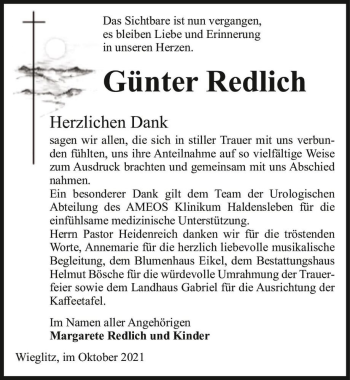 Traueranzeige von Günter Redlich  von Magdeburger Volksstimme