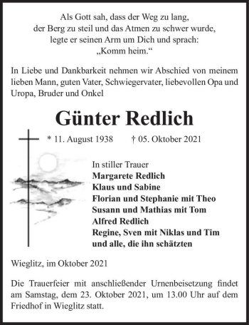 Traueranzeige von Günter Redlich  von Magdeburger Volksstimme
