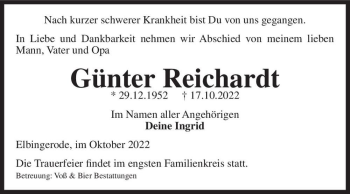 Traueranzeige von Günter Reichardt  von Magdeburger Volksstimme