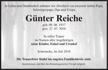 Traueranzeige von Günter Reiche  von Magdeburger Volksstimme