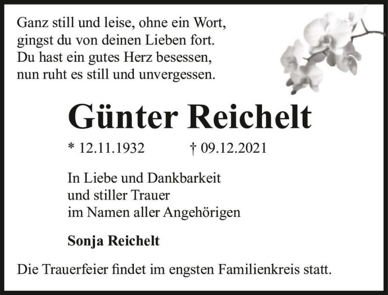 Traueranzeige für Günter Reichelt  vom 18.12.2021 aus Magdeburger Volksstimme