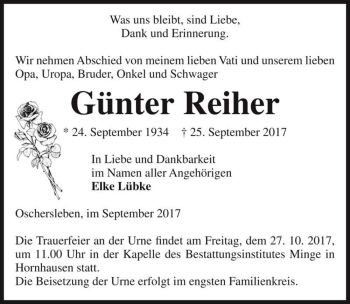 Traueranzeige von Günter Reiher  von Magdeburger Volksstimme