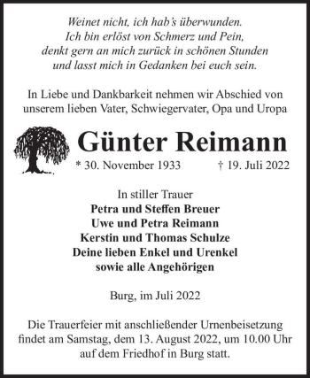 Traueranzeige von Günter Reimann  von Magdeburger Volksstimme