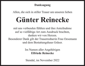 Traueranzeige von Günter Reinecke  von Magdeburger Volksstimme