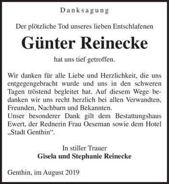 Traueranzeige von Günter Reinecke  von Magdeburger Volksstimme