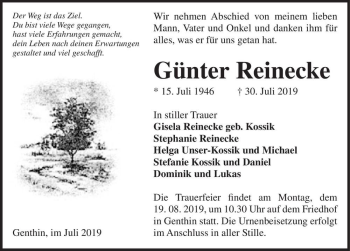 Traueranzeige von Günter Reinecke  von Magdeburger Volksstimme