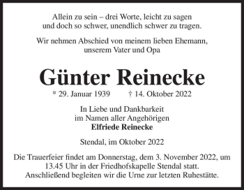 Traueranzeige von Günter Reinecke  von Magdeburger Volksstimme