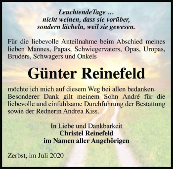 Traueranzeige von Günter Reinefeld  von Magdeburger Volksstimme